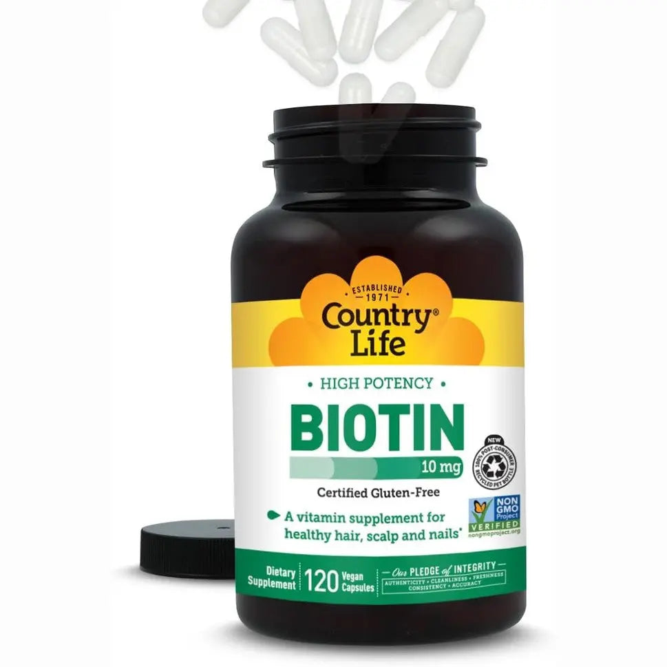 Country Life High-Potency Biotin 10mg - Vegan & Gluten-Free Biotin Supplement for Skin & Nails, Energy Metabolism - Biotin 10000mcg Capsules