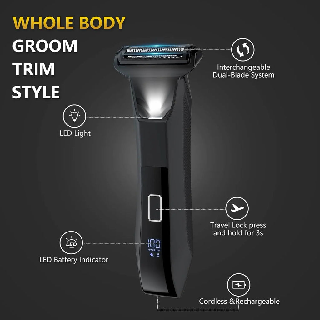 Manscape Ball Trimmer for Men, 2-in-1 Body Hair Trimmer and Groin Hair Shaver -Dual-Head Trimmer for No-Nick Shaving, Smooth Grooming, Lightweight with Travel Lock, IPX7 Waterproof, LED Display