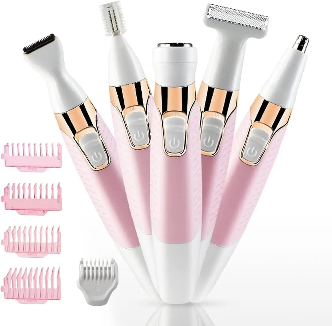 Complete set of pink and white electric trimmer heads including nose, eyebrow, and bikini attachments