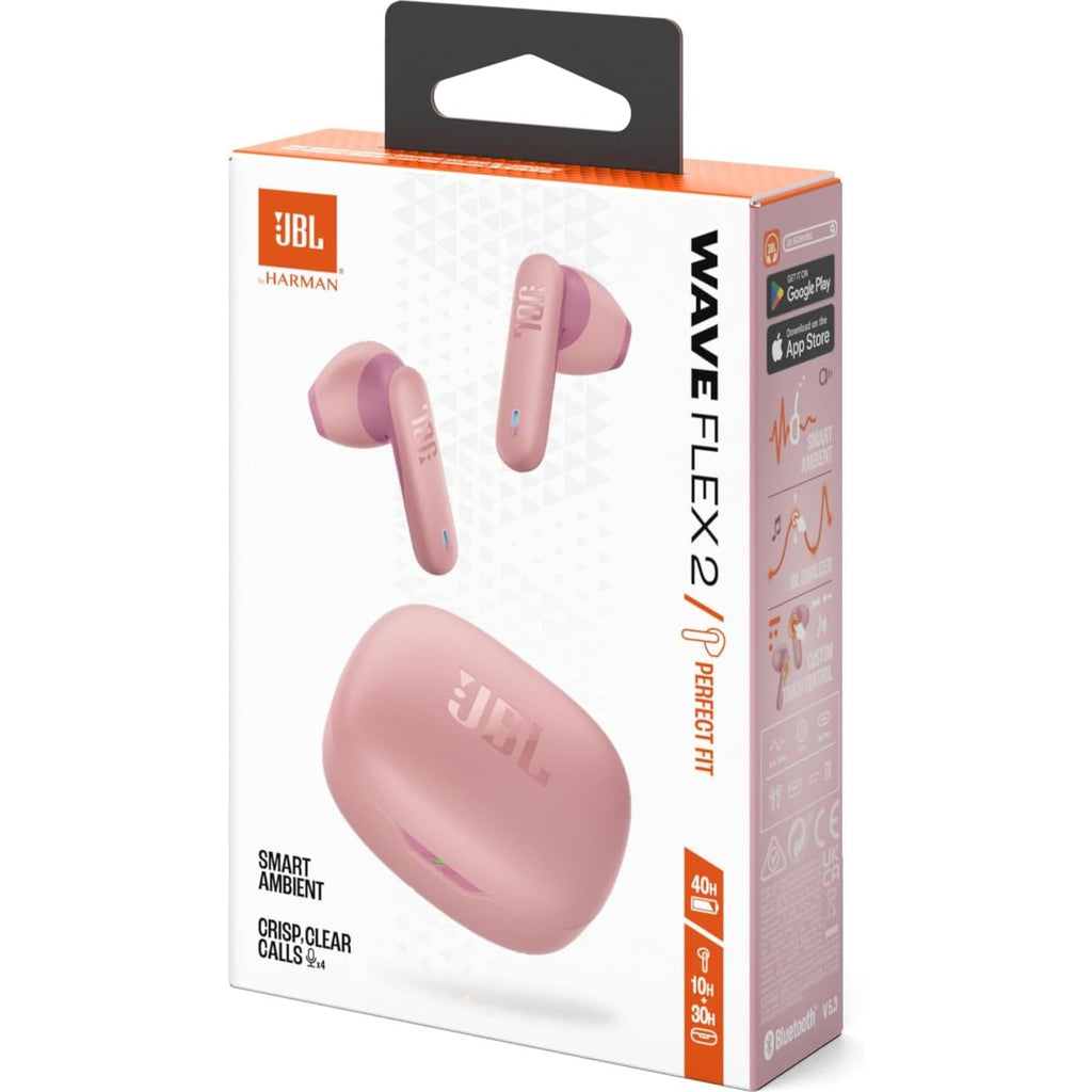 JBL Wave Flex 2 Wireless Bluetooth In-Ear Headphones with 40H Playback Time, Pure Bass Sound, Smart Ambient Technology, IP54 Water and Dust Proof, Multipoint Connection, Pink