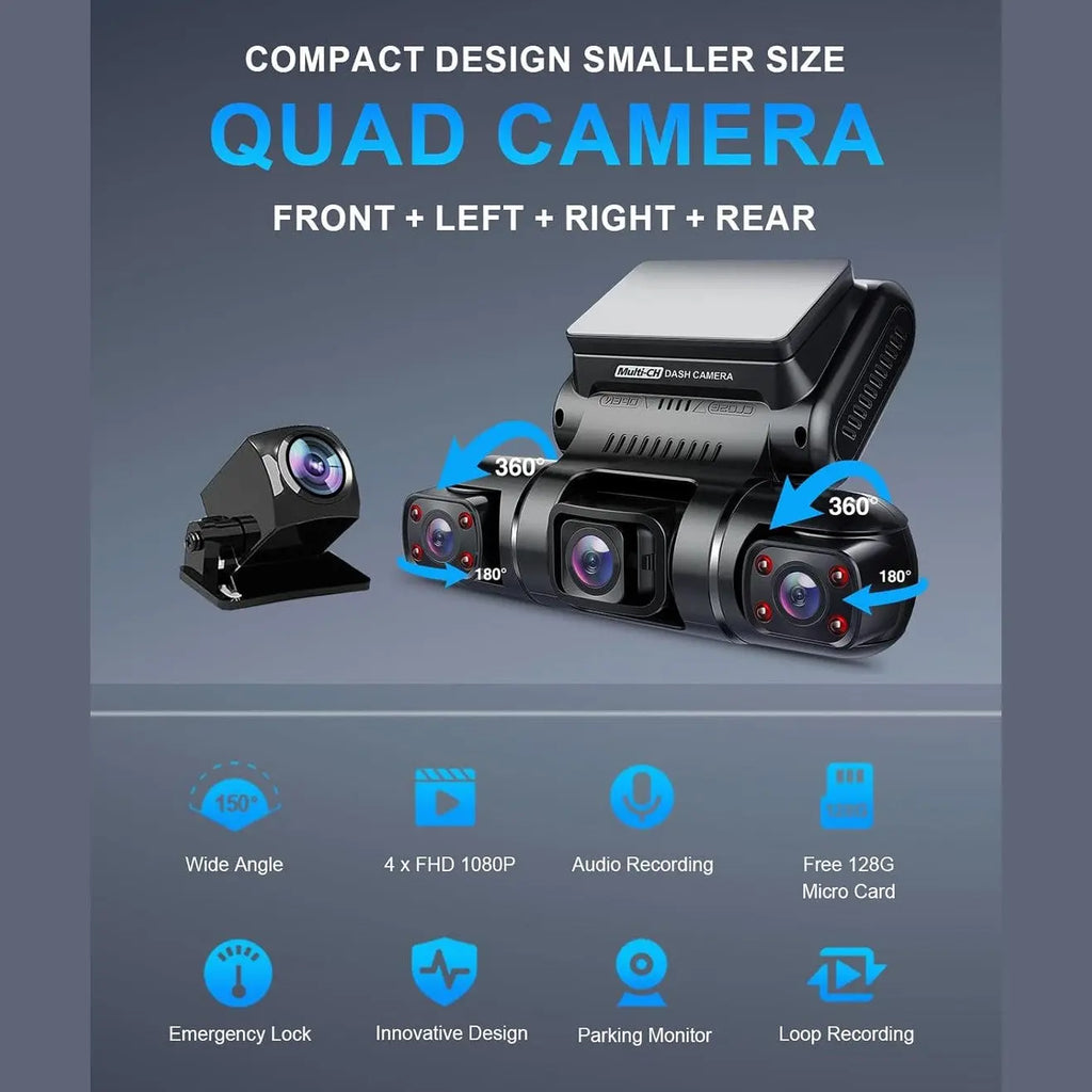 PRUVEEO Dash Cam, 4 Channel Camera FHD 1080Px4, Front, Left, Right and Rear, Front and Rear Inside, Built in GPS WiFi, 256 GB Max, Free 128GB Card, D90-4CH