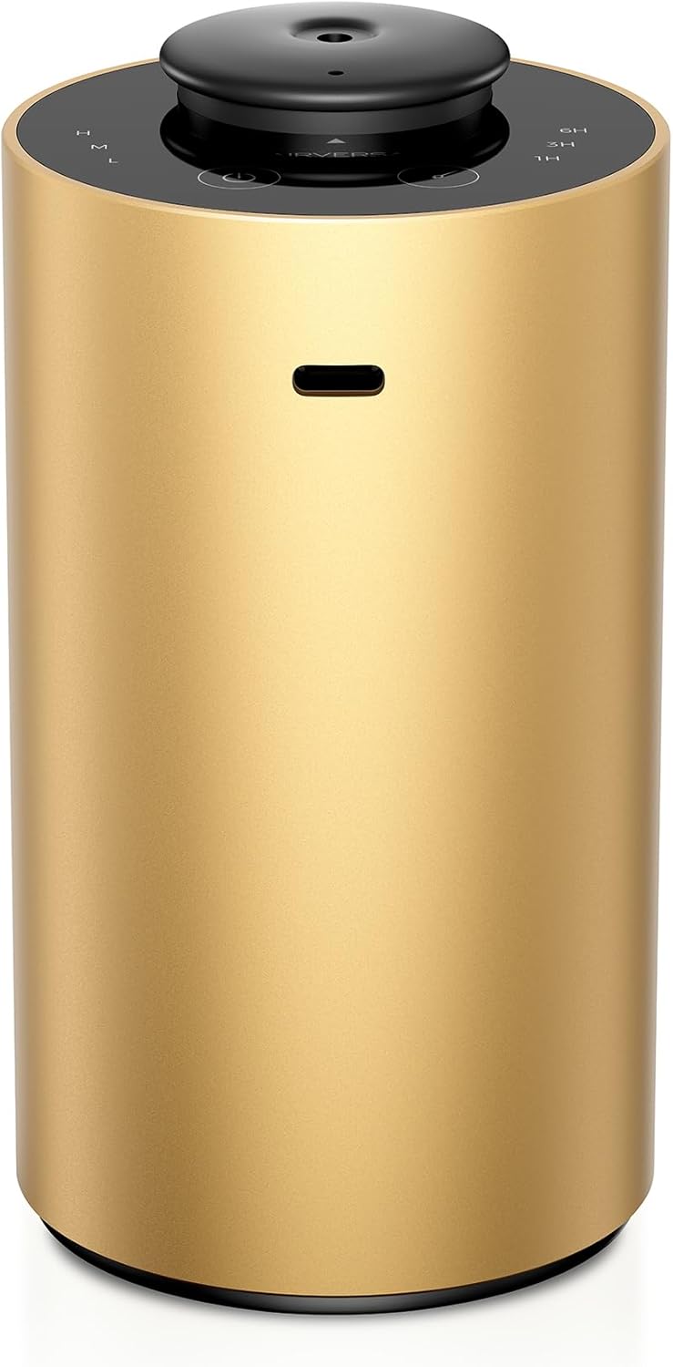 Airversa Waterless Essential Oil Diffuser for Home Aromatherapy Scent Diffusers with 3 Timer Settings or Timer-Off, 3 Mist Levels for Car Room Studio Office, ANX Premium Metal Gold