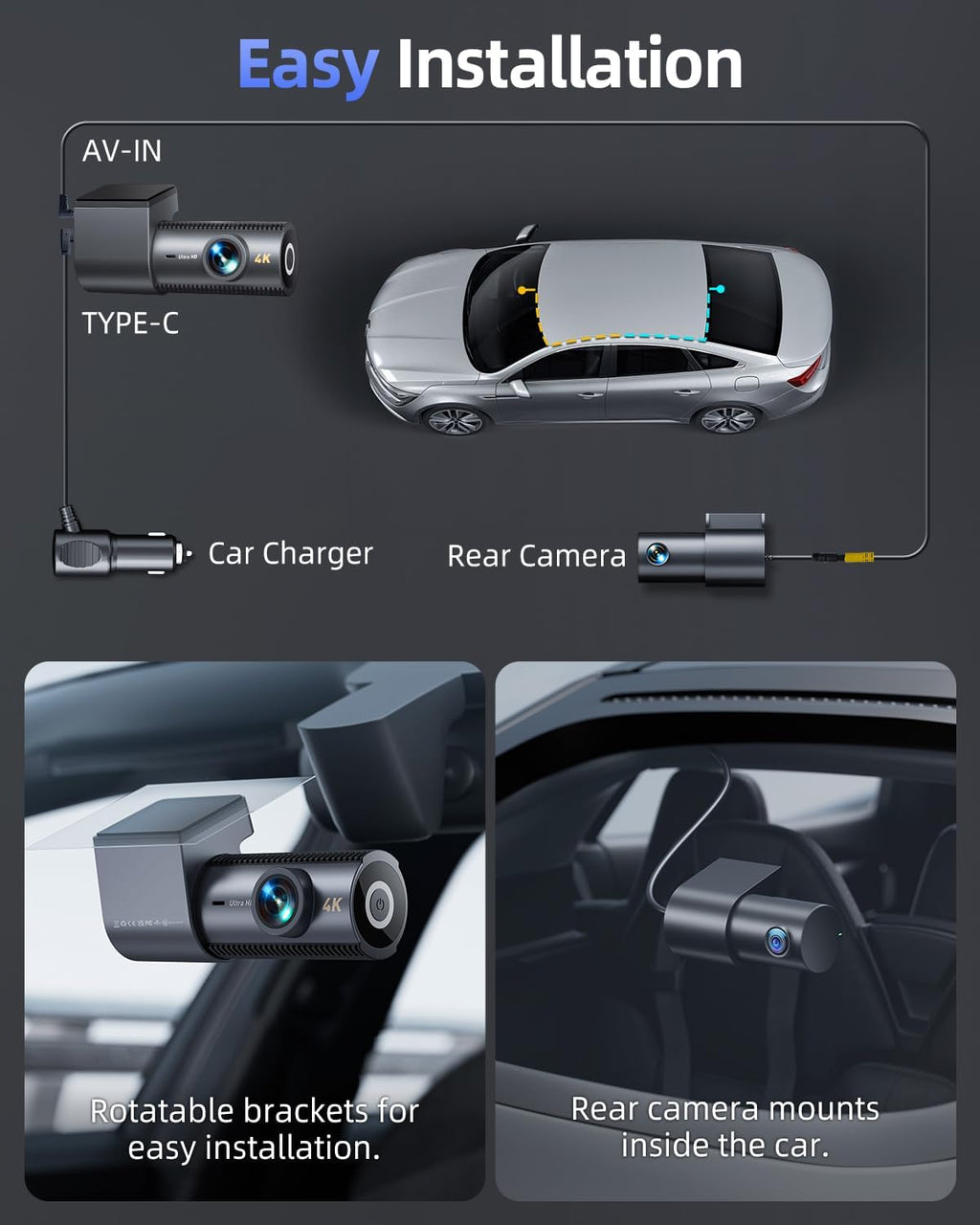 CIEVIE 4K + 1080P Car Front Rear Dash Cam with 64GB SD Card, 5GHz WiFi Dash Cam with 3.8 cm IPS Display, 170° Wide Angle, G-Sensor, WDR Night Vision, Loop Recording, App Control, Supports 256 GB Max