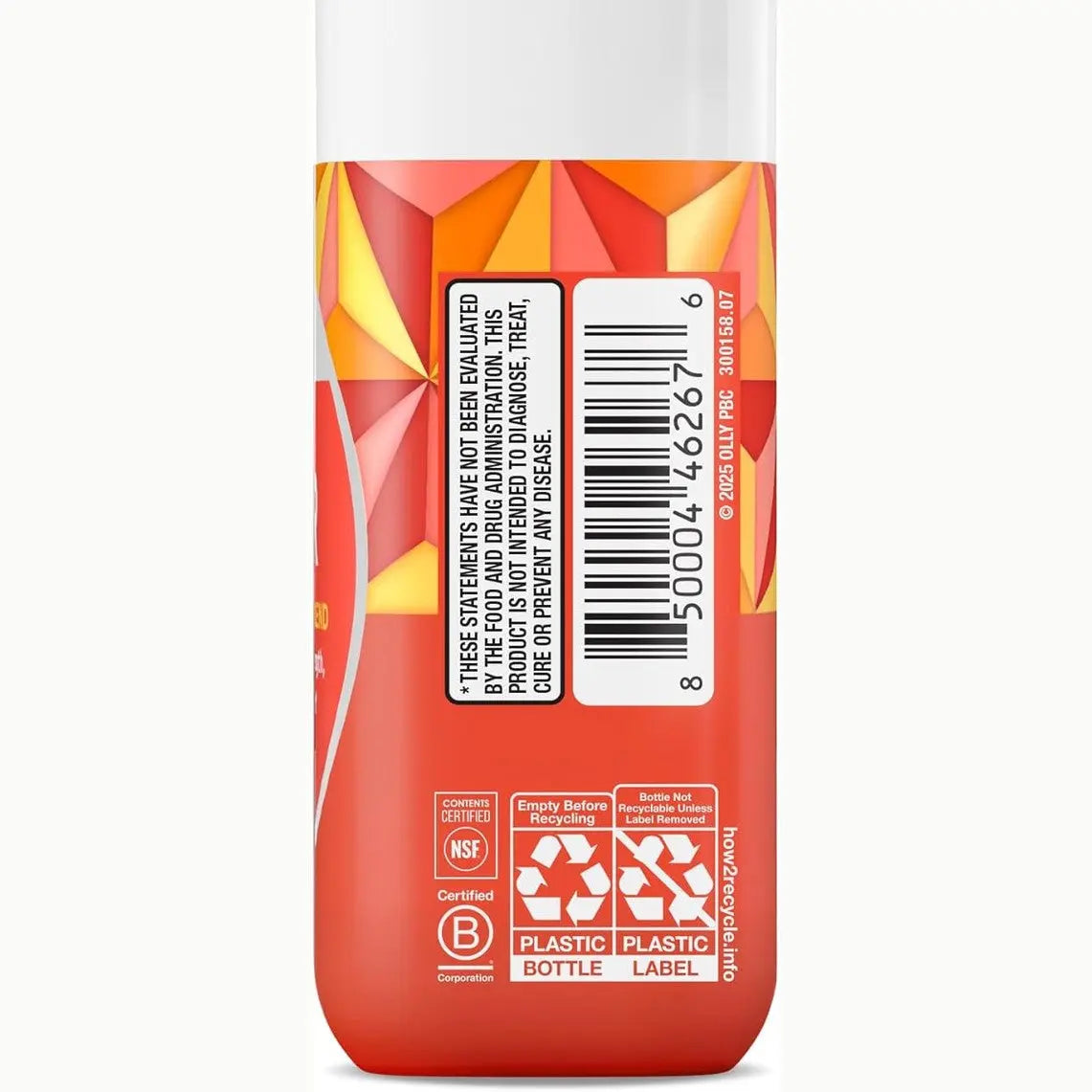 OLLY hair supplement bottle barcode and recycling info with B Corp certification