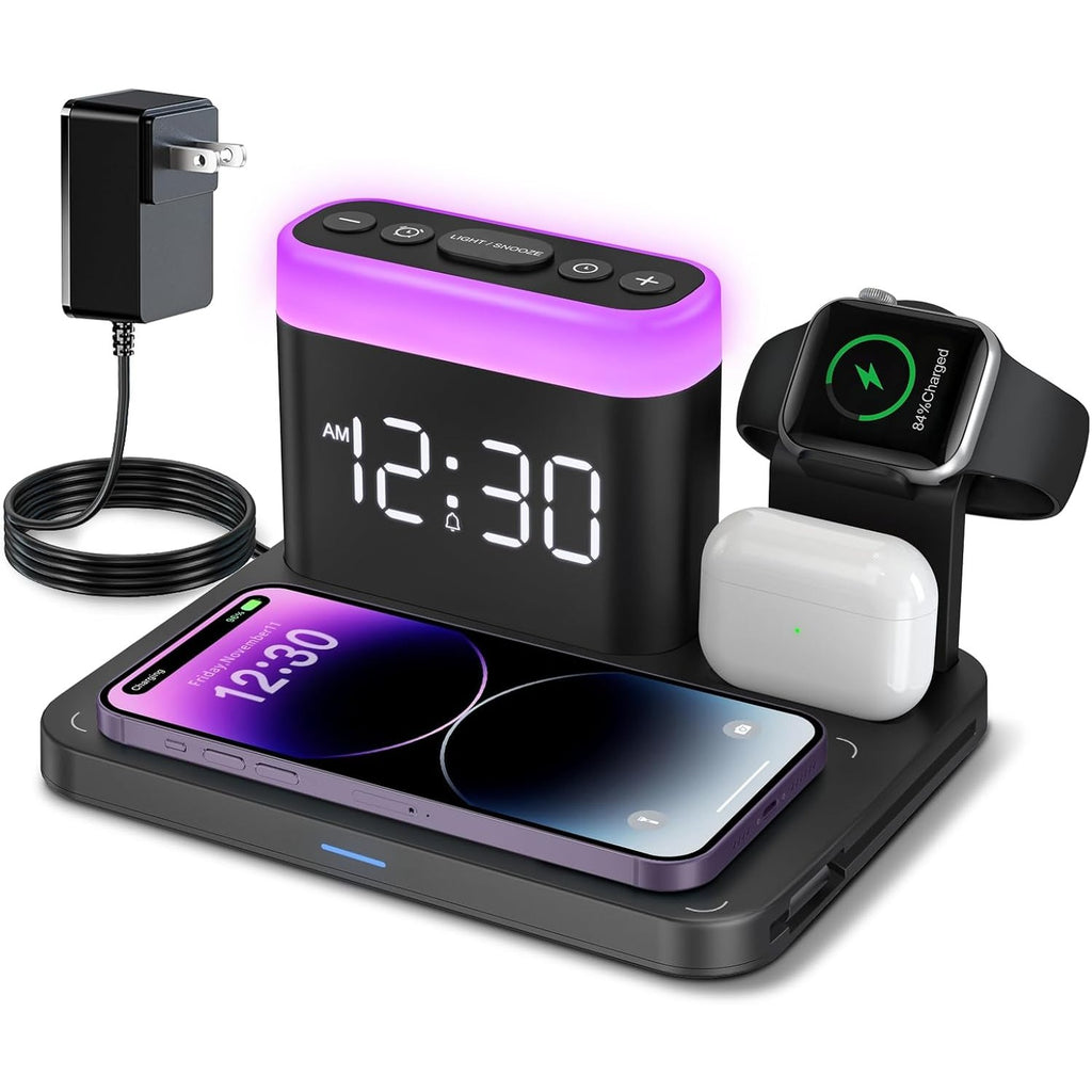 ANJANK Wireless Charging Station,5 in 1 Multiple Charger Stand with Alarm Clock,7 Night Light,Mag-Safe Charging Dock for iPhone 17 16 15 14 13 12 Pro Max Plus,Apple Watch 11/10/9/8,for Airpods,Bedroom