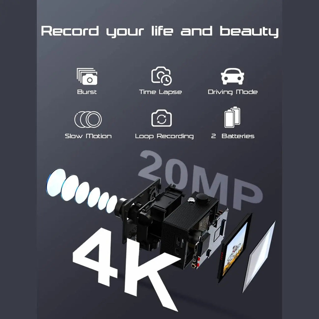 Apexcam 4K 30fps Sports Camera 170° 20MP Underwater Camera 40m, Multiple Shooting Modes with Remote Control, 2 x 1050mAh Batteries and Accessory Bag