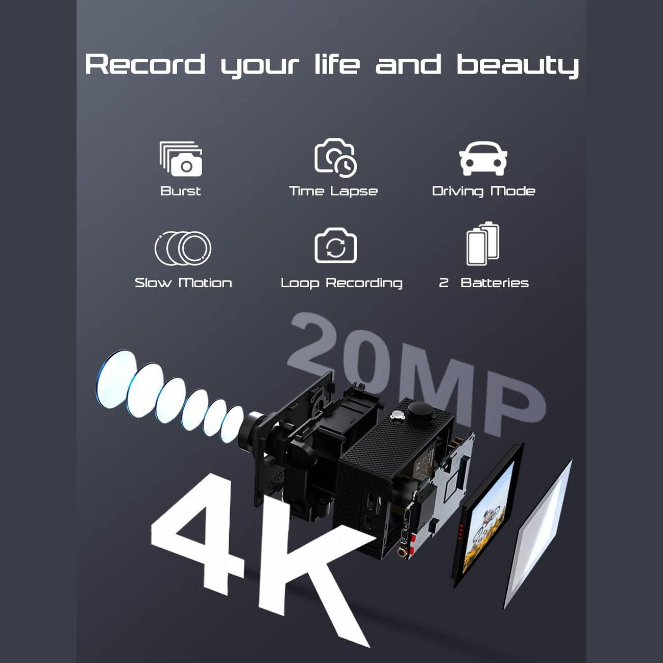 Apexcam 4K 30fps Sports Camera 170° 20MP Underwater Camera 40m, Multiple Shooting Modes with Remote Control, 2 x 1050mAh Batteries and Accessory Bag