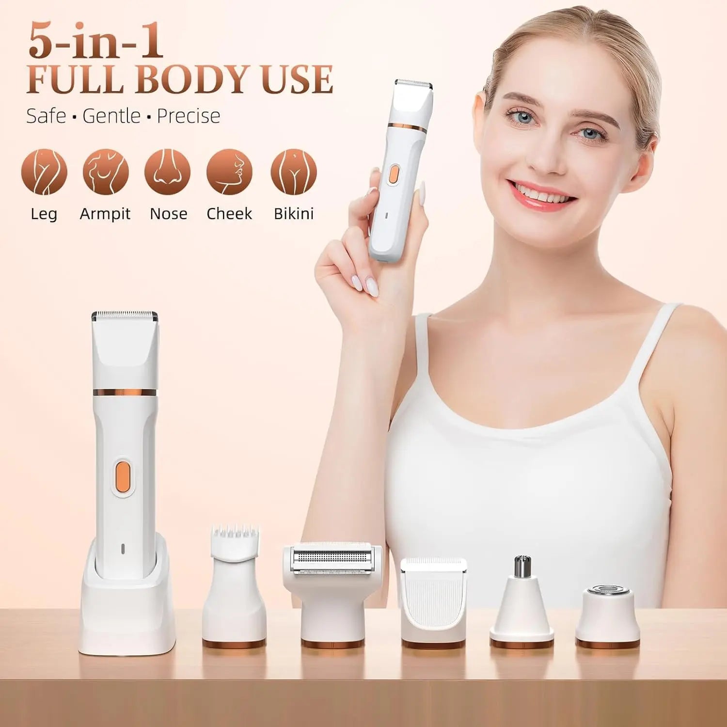 Electric Bikini Trimmer for Women - 4 in 1 Electric Shaver for Women, Waterproof Pubic Hair Trimmer and Facial Hair Remover, Replaceable Razors & Nose Hair Trimmer, Rechargeable Women's Grooming Kit