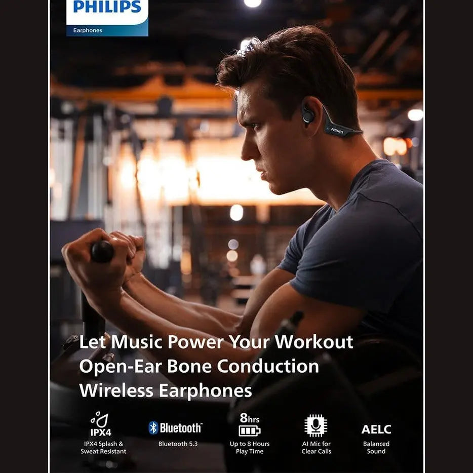 PHILIPS Open-ear wireless sports headphones | True Wireless Headphones | Powerful Bass with 6 mm Driver | AI Mic | 15-Hour Battery Life | Ergonomic Design for Comfort