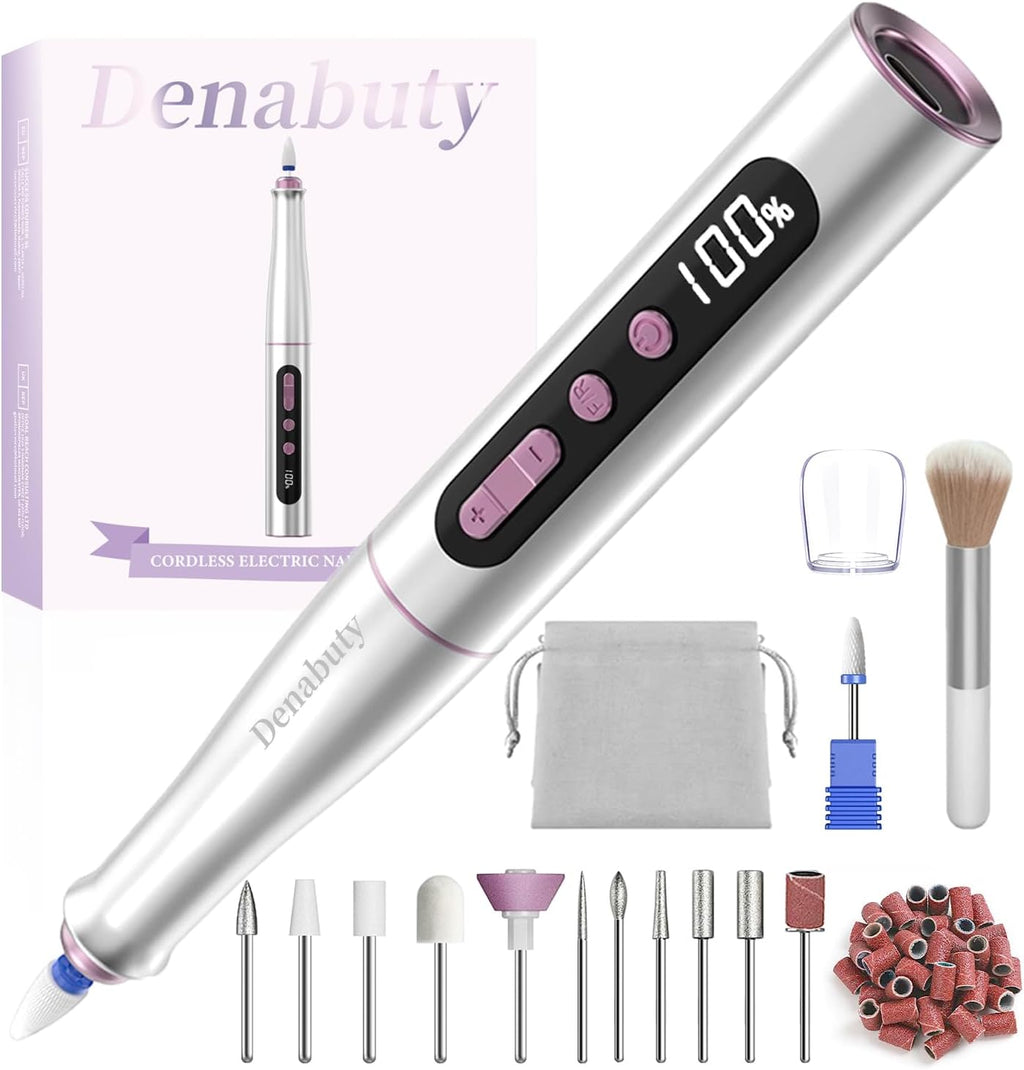 Denabuty Cordless Electric Nail Drill Machine, 13 in 1 Nail File Kit 35000RPM Professional Portable Rechargeable E File for Acrylic Polish Gel Removal Manicure Pedicure Set with 5 Speeds DN-2402
