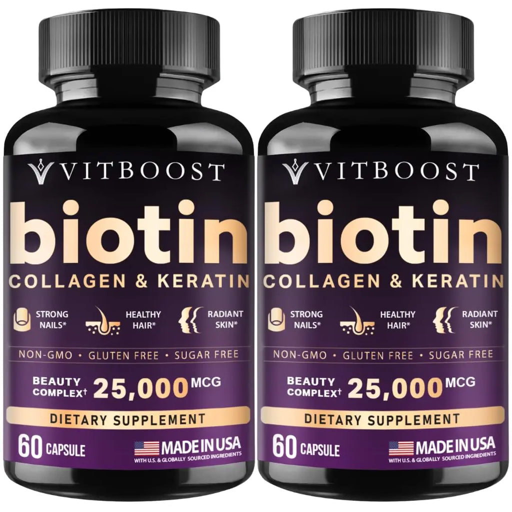 VITBOOST Biotin with Hyaluronic Acid, Collagen and Keratin – 25000 mcg Hair Growth Vitamins for Men and Women – Nails and Skin, USA Made - Third Party Tested, B1, B2, B3, B6, B7 Complex - 60 Capsules