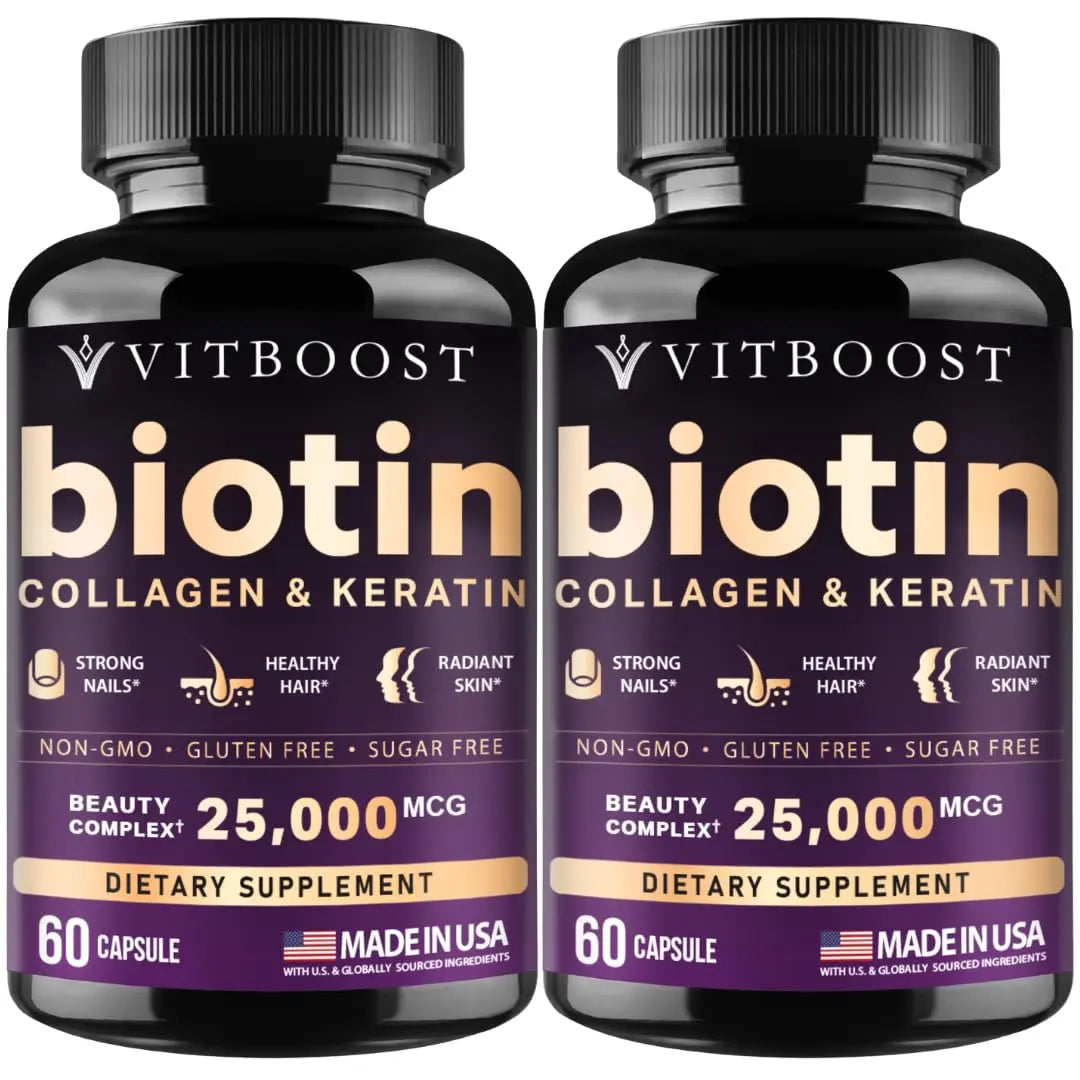 VITBOOST Biotin with Hyaluronic Acid, Collagen and Keratin – 25000 mcg Hair Growth Vitamins for Men and Women – Nails and Skin, USA Made - Third Party Tested, B1, B2, B3, B6, B7 Complex - 60 Capsules