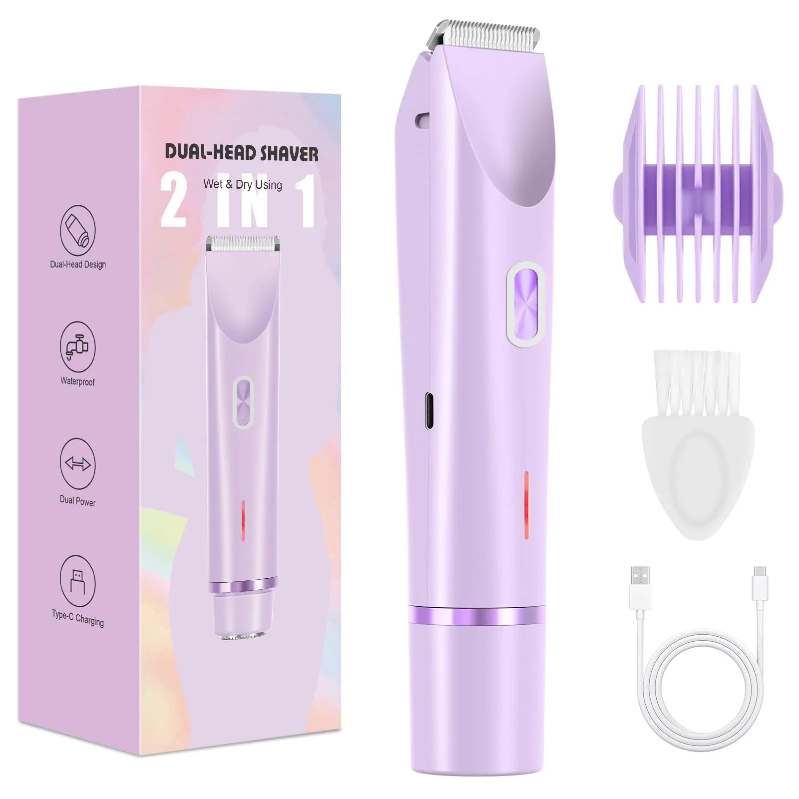 Intimate Shaver for Women, 2-in-1 Dual Head Shaver with USB-C Charging, Women's Shaver Electric for Face, Legs and Arms, Women's Razor with Waterproof Trimmer Head, Easy to Clean