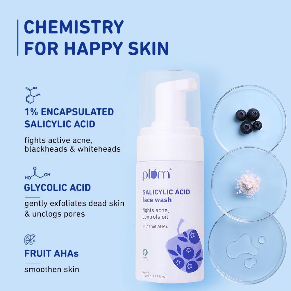Plum 1% Encapsulated Salicylic Acid Foaming Face Wash|Fights Active Acne,Blackheads&Breakouts|With Glycolic Acid&Fruit Ahas|All Skin Types|Creamy Face Cleanser For Women&Men|100% Vegan|110 Ml