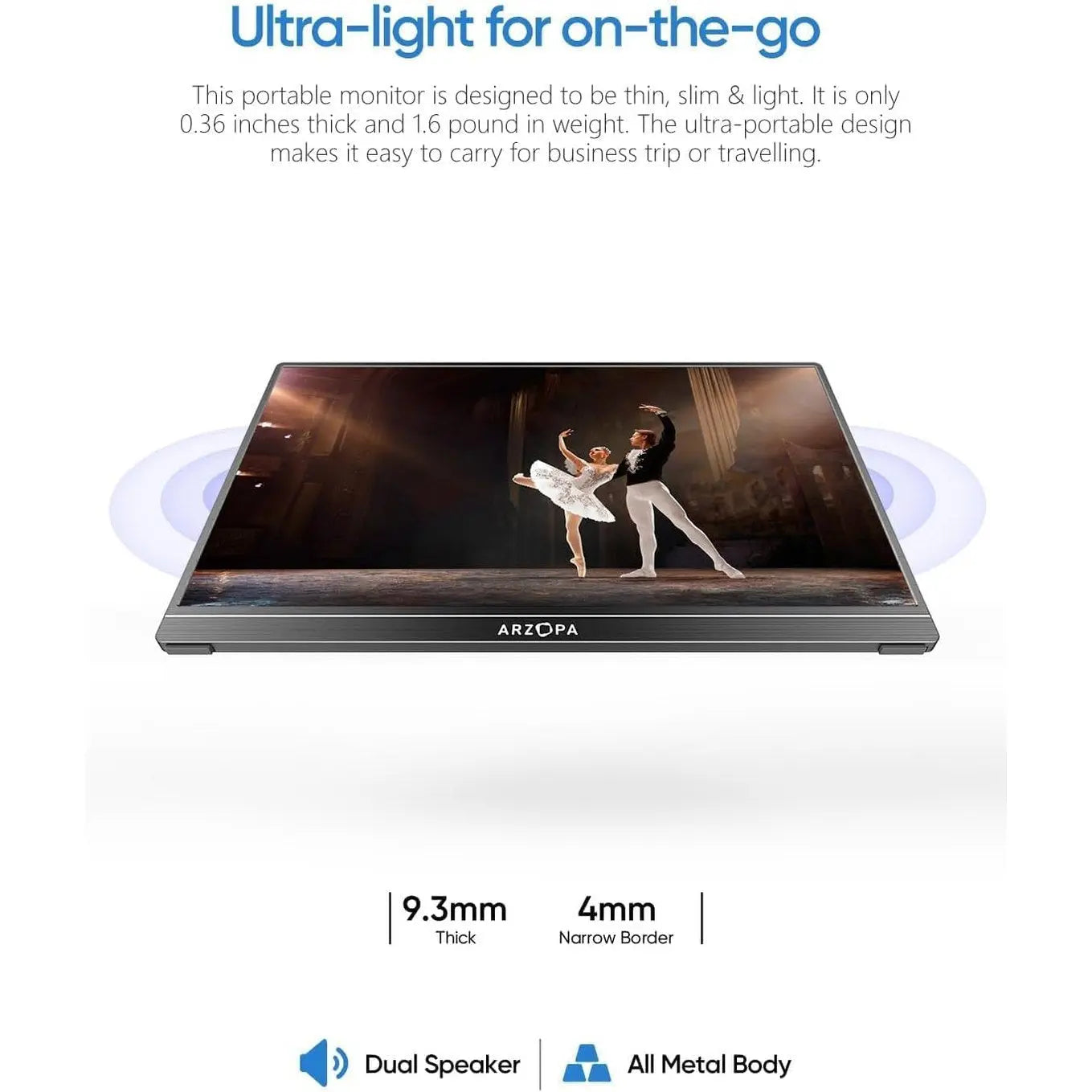 ARZOPA Portable Monitor 15.6'' FHD 1080P - Ultra-Slim Portable Laptop Monitor with Kickstand - IPS Display for PC, MAC, Phone, Xbox, PS5 - USB C & HDMI Connectivity - A1