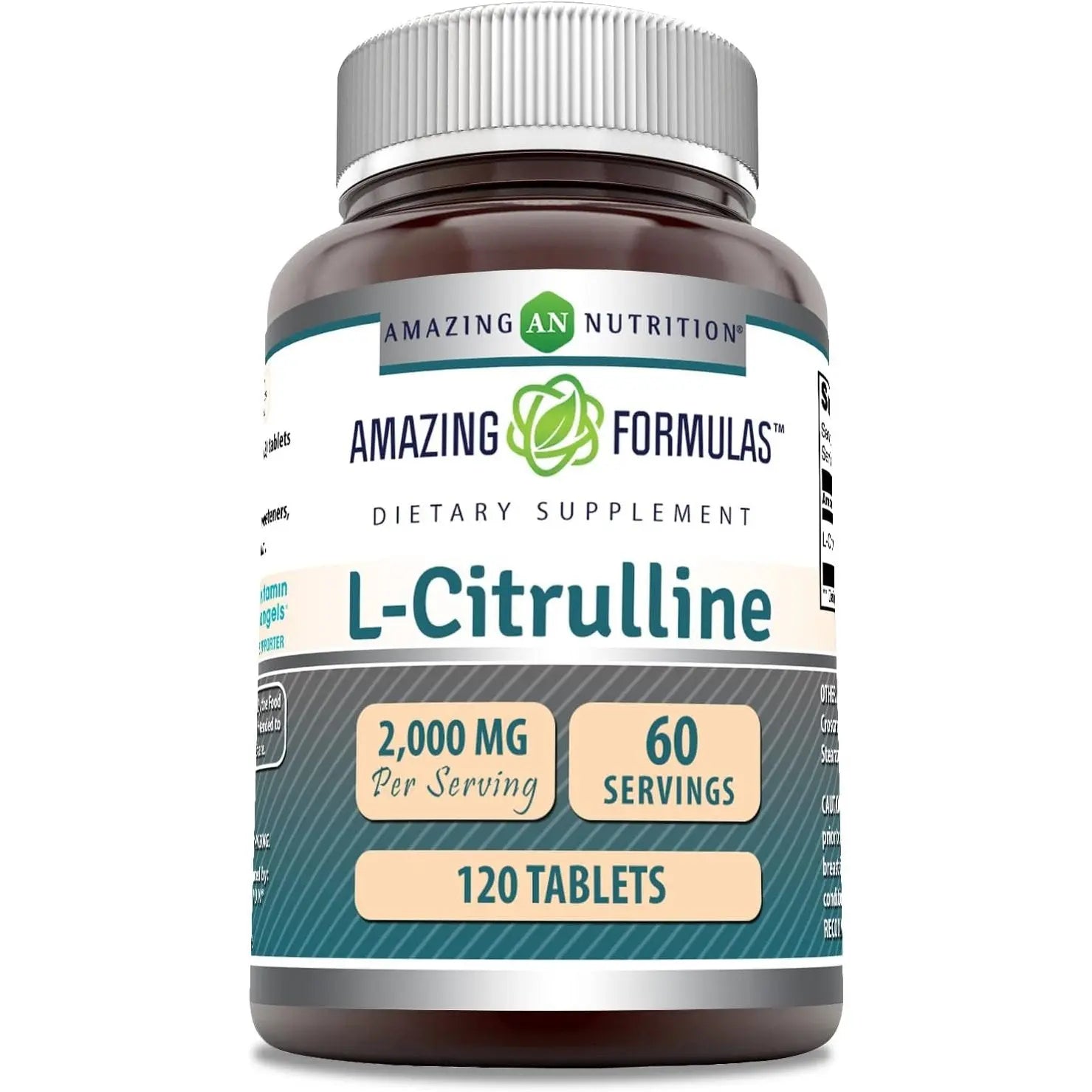 Close-up of L Citrulline amino acid supplement label highlighting 60 servings and non-GMO formula