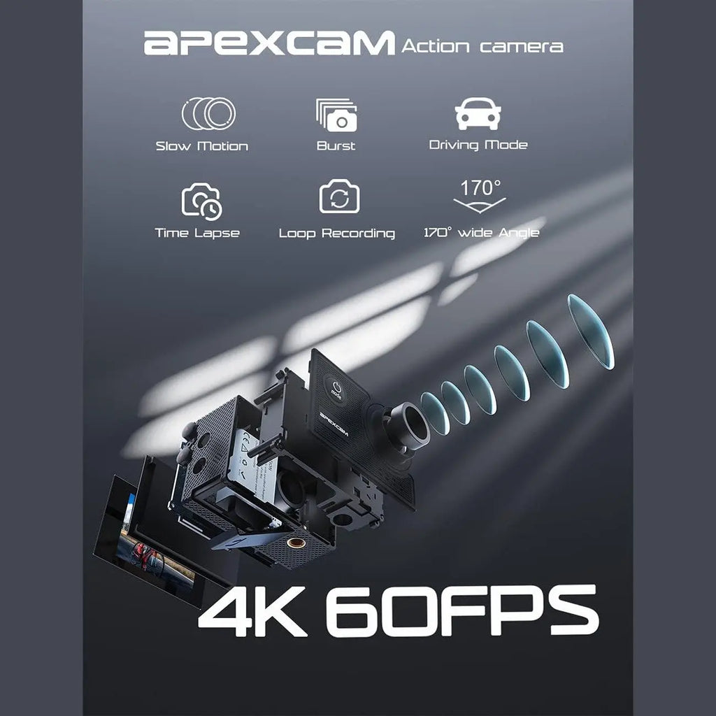 Apexcam 4K 60FPS Action Camera EIS 20MP WiFi 40M Underwater Waterproof Ultra HD Sport Camera 170° Wide Angle 2.4G Remote Control Support External Mic 2x1350mAh Rechargeable Batteries Accessory Kit