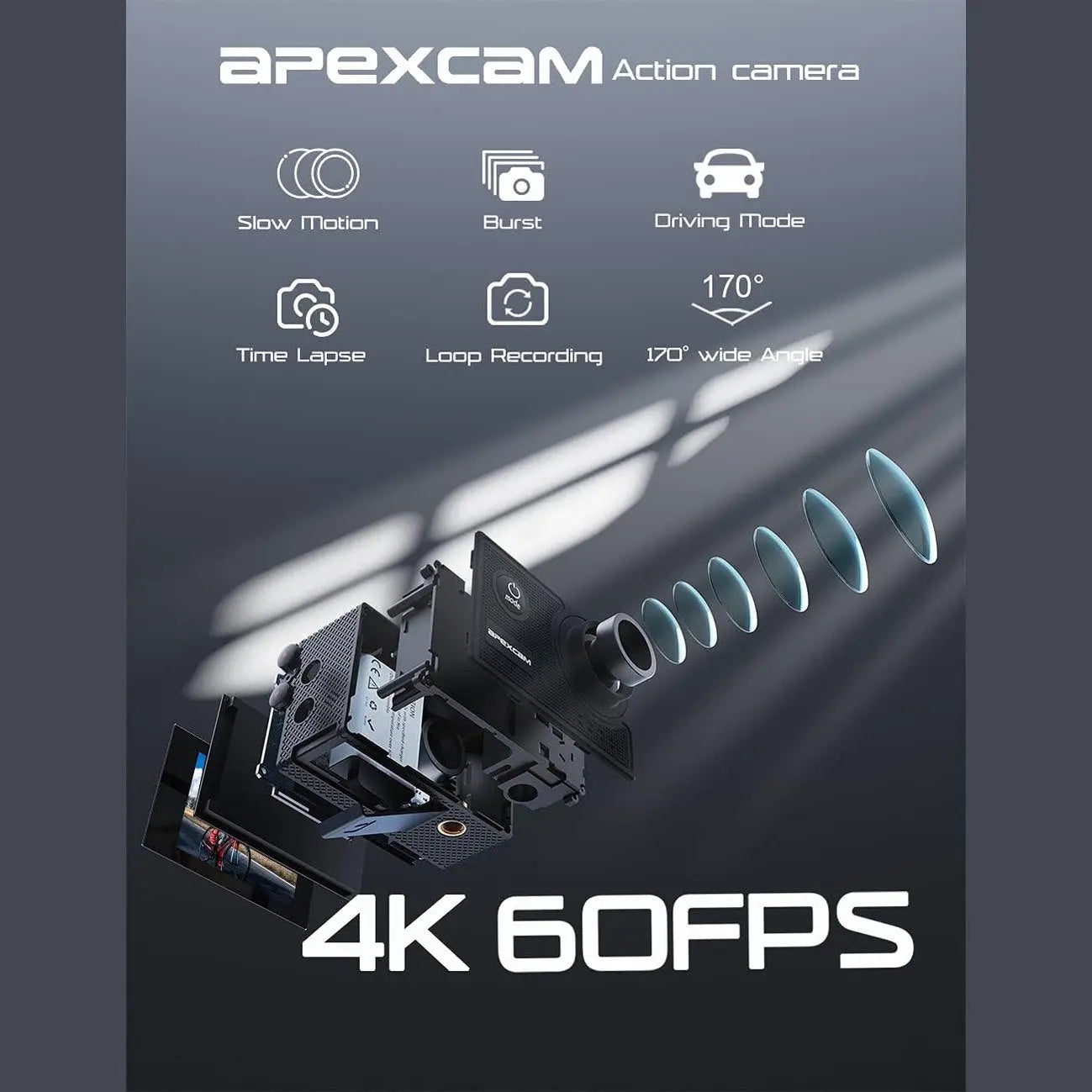 Apexcam 4K 60FPS Action Camera EIS 20MP WiFi 40M Underwater Waterproof Ultra HD Sport Camera 170° Wide Angle 2.4G Remote Control Support External Mic 2x1350mAh Rechargeable Batteries Accessory Kit