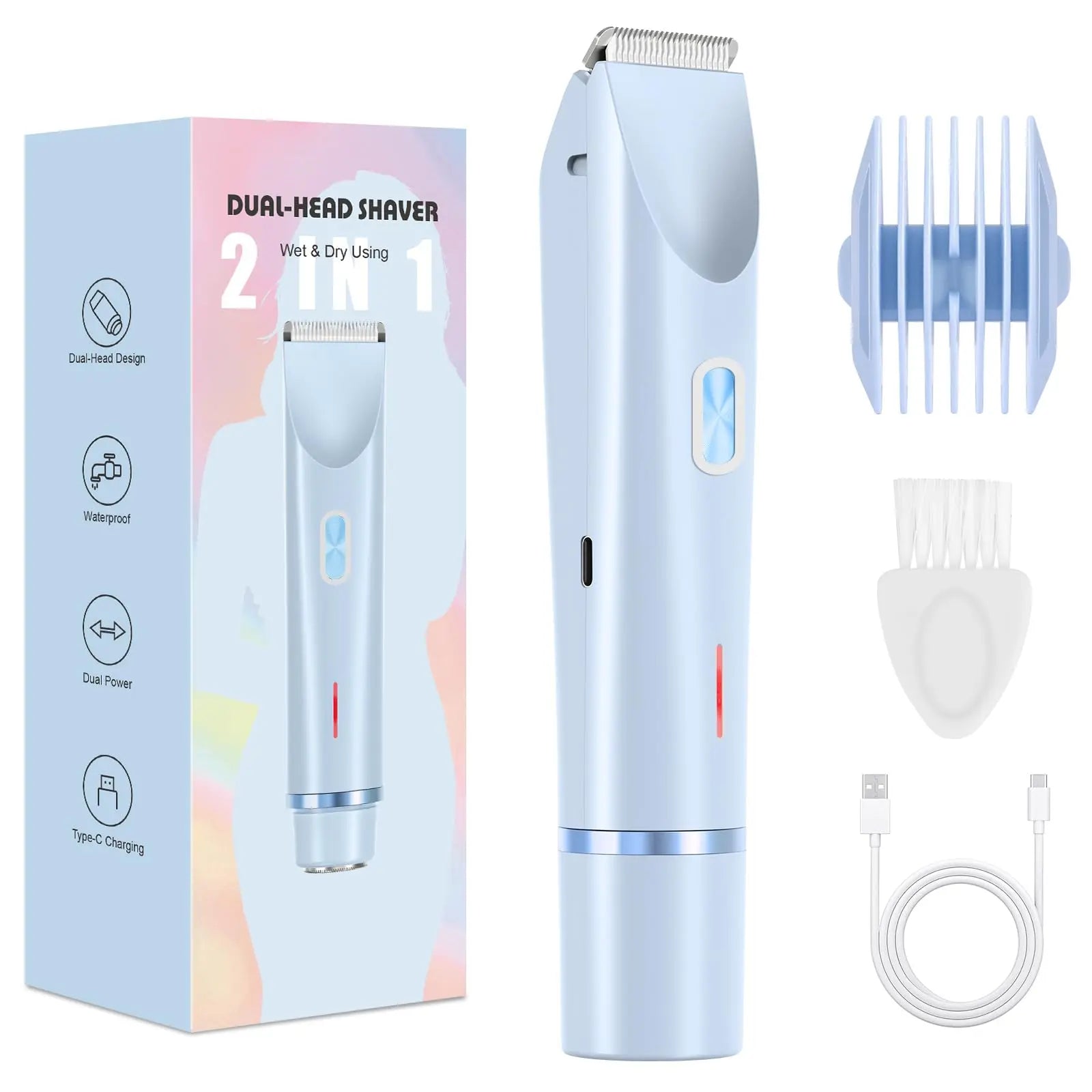 Intimate Shaver for Women, 2-in-1 Dual Head Shaver with USB-C Charging, Women's Shaver Electric for Face, Legs and Arms, Women's Razor with Waterproof Trimmer Head, Easy to Clean