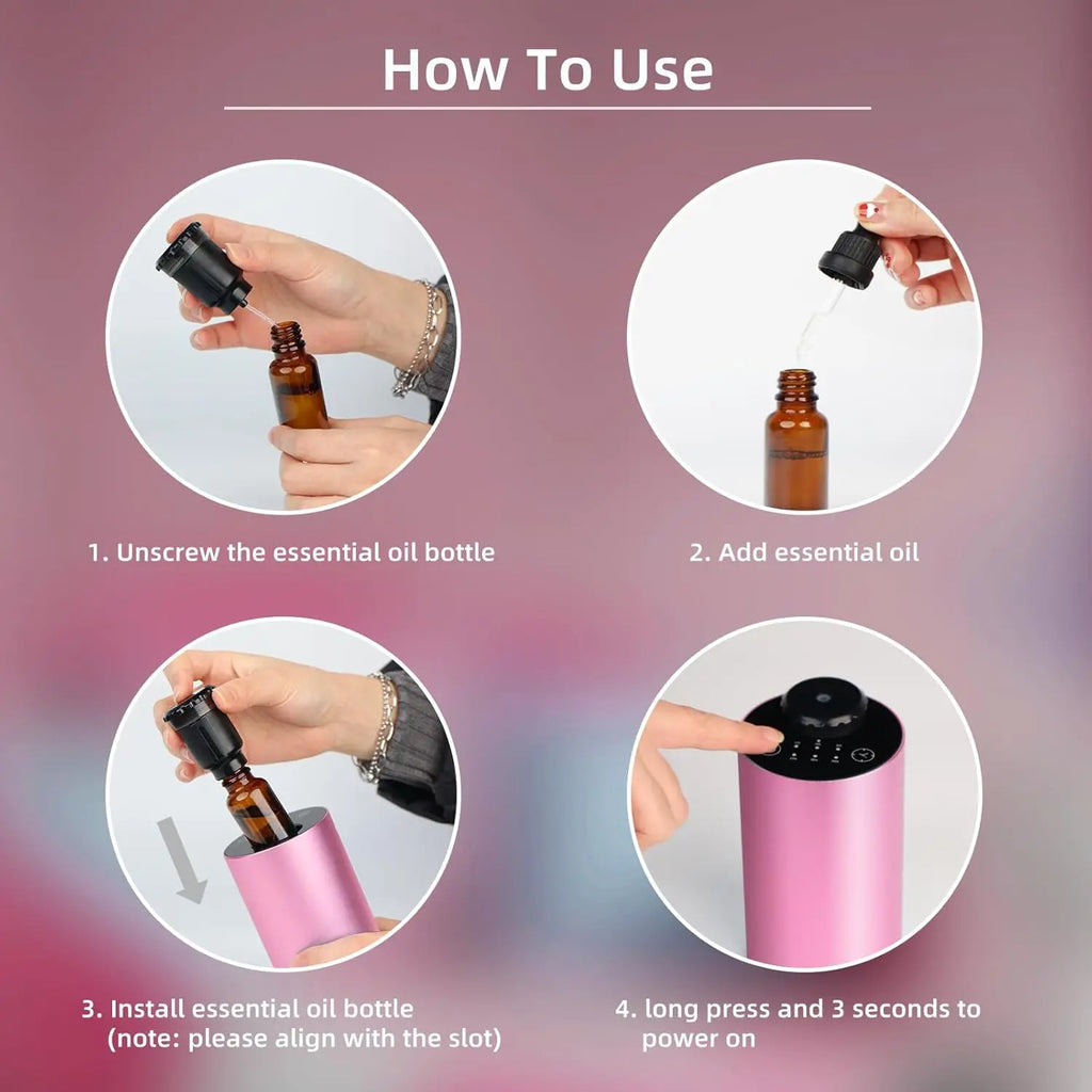 Pink waterless diffuser how to use guide with essential oil bottle and control panel