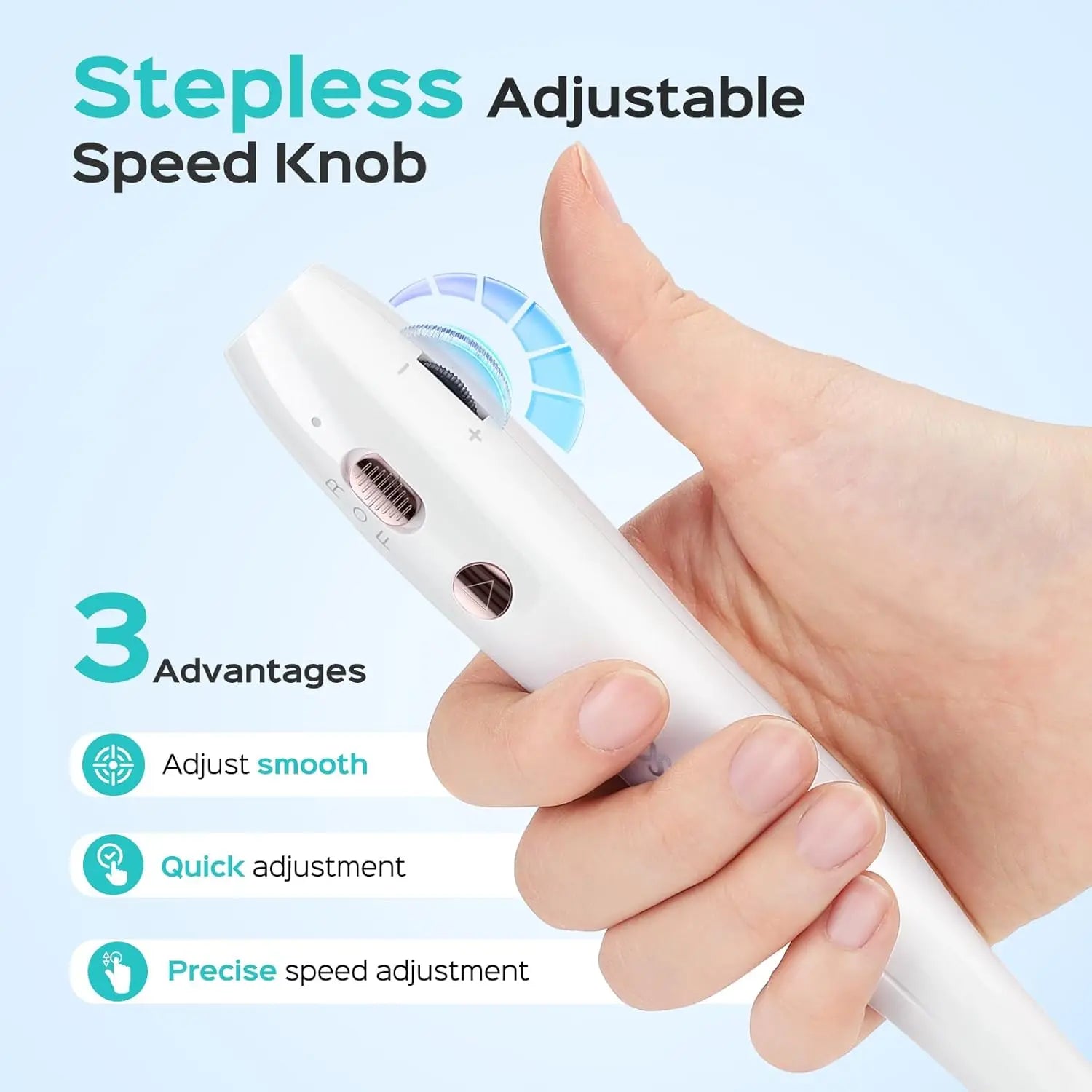 Close-up of white cordless nail drill with stepless adjustable speed knob