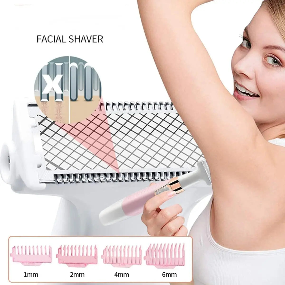 Women's electric bikini trimmer with adjustable comb attachments for armpit grooming