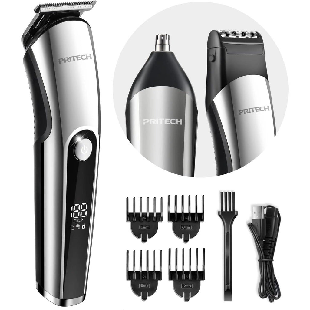 Pritech Hair Clippers for Men, Nose Trimmer, Micro Shavers 3 in 1 Men's Care Kit Wireless Rechargeable Electric Hair Trimmer with LED Display and T Cutting Head, IPX6, Black