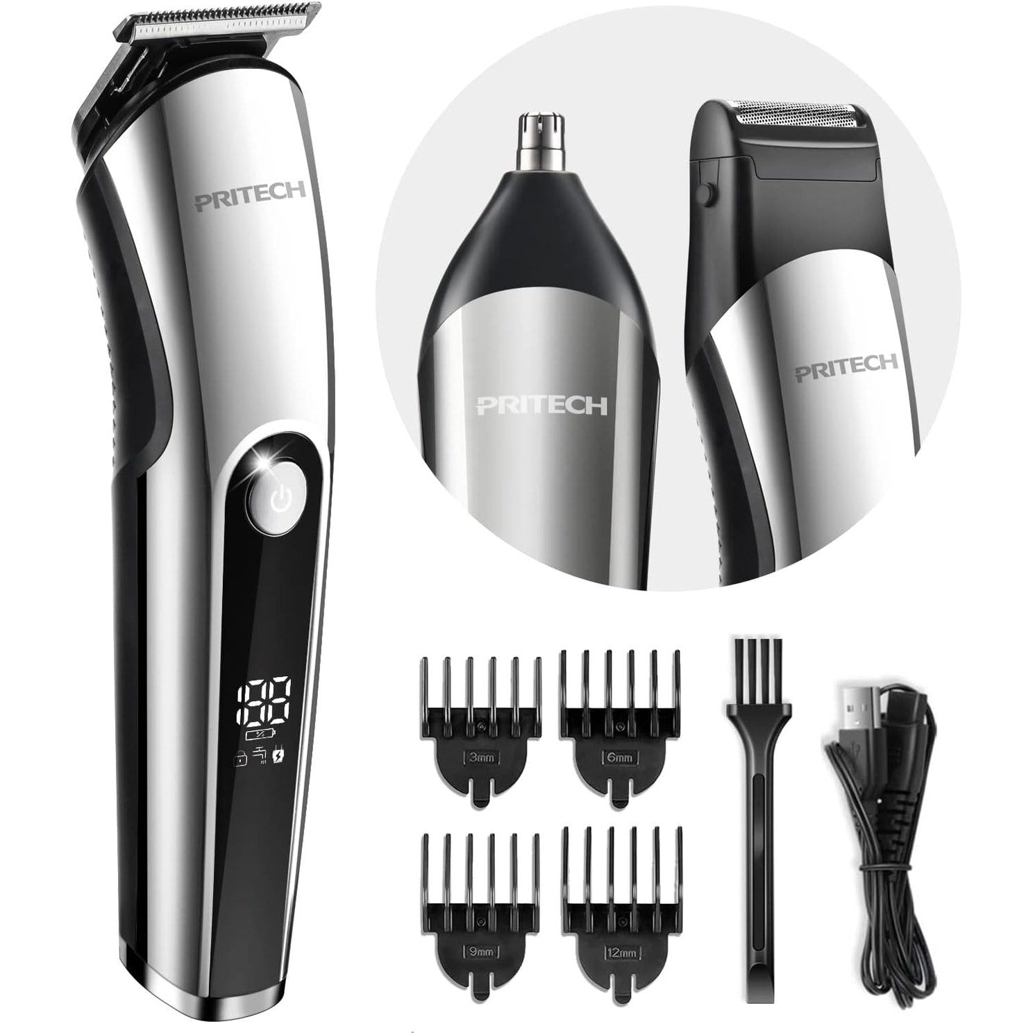 Pritech Hair Clippers for Men, Nose Trimmer, Micro Shavers 3 in 1 Men's Care Kit Wireless Rechargeable Electric Hair Trimmer with LED Display and T Cutting Head, IPX6, Black