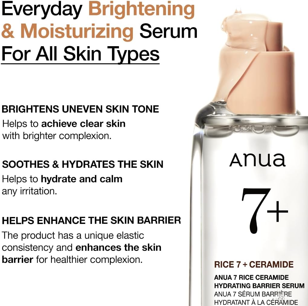 ANUA Rice Ceramide 7 Hydrating Barrier Serum, Brightening, Hydrating Serum for Face, Rice, Hyaluronic Acid, Niacinamide, Fragrance-free, Non comodogenic, Glass Skin, Korean Skin Care, 50ml/1.69fl.oz.