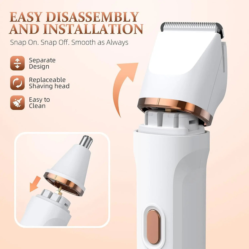 Electric Bikini Trimmer for Women - 4 in 1 Electric Shaver for Women, Waterproof Pubic Hair Trimmer and Facial Hair Remover, Replaceable Razors & Nose Hair Trimmer, Rechargeable Women's Grooming Kit