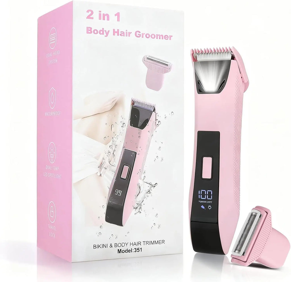 2-in-1 Bikini Trimmer for Women - Electric Razor & Pubic Hair Shaver with LED Light & Display, IPX7 Waterproof, USB-C Fast Charge, Travel Lock, Ceramic Blades for Body/Underarm/Leg, Painless Grooming