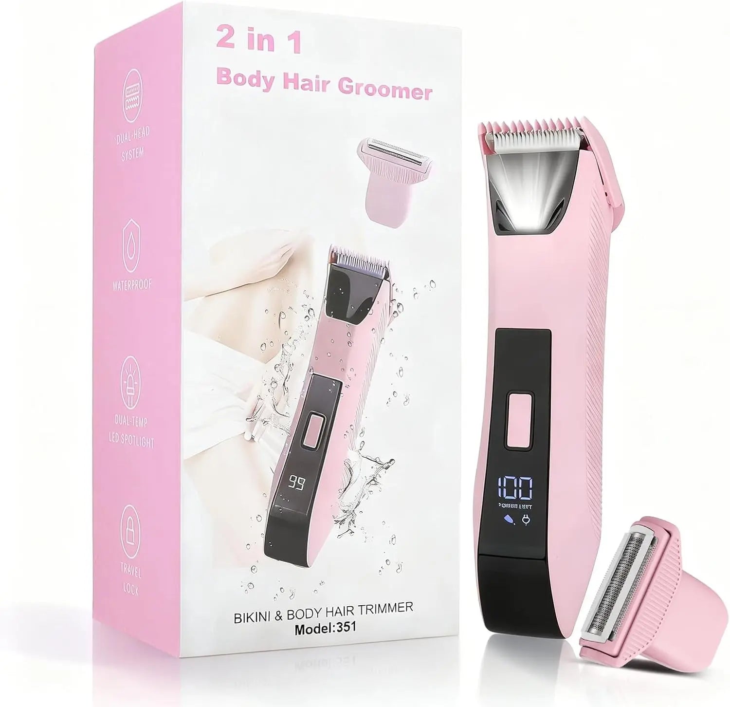 2-in-1 Bikini Trimmer for Women - Electric Razor & Pubic Hair Shaver with LED Light & Display, IPX7 Waterproof, USB-C Fast Charge, Travel Lock, Ceramic Blades for Body/Underarm/Leg, Painless Grooming
