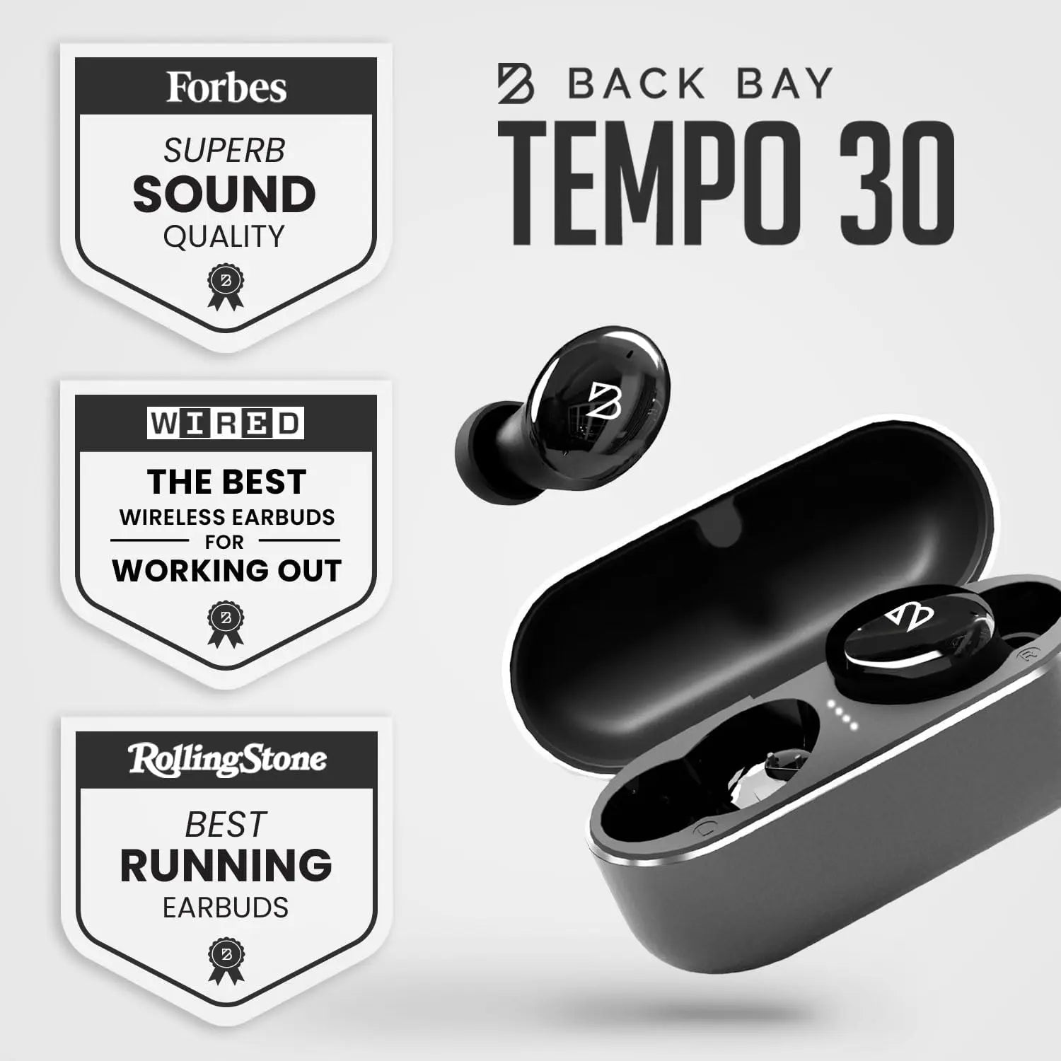 Back Bay Audio Tempo 30 Wireless Earbuds for Small Ears, Black Bluetooth 5.0 In-Ear Earbuds with 32 Hours Battery Life, IPX7 Waterproof, Extra Bass Mode, Dual Microphones