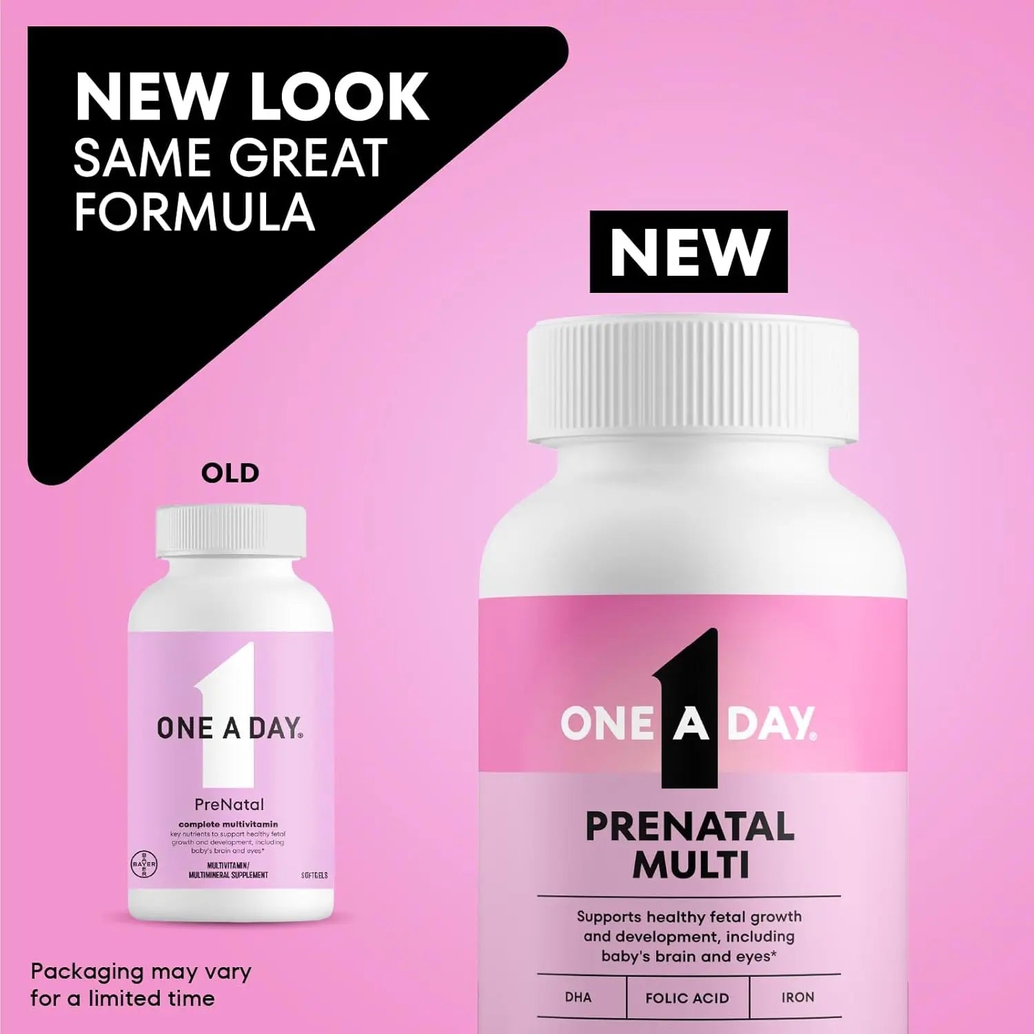 One A Day Prenatal Multi vitamin packaging comparison showing new bottle design with same formula
