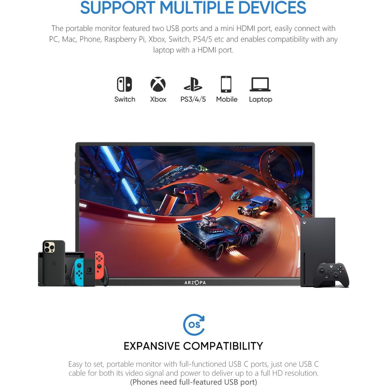 ARZOPA Portable Monitor Kickstand, 14.0" Ultra Slim Portable Laptop Monitor FHD 1080P External Display with Dual Speakers Second Screen for Laptop PC Phone Xbox PS4/5 Switch - A1S