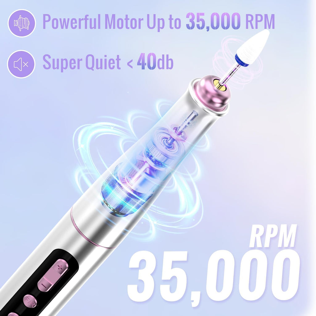 Denabuty Cordless Electric Nail Drill Machine, 13 in 1 Nail File Kit 35000RPM Professional Portable Rechargeable E File for Acrylic Polish Gel Removal Manicure Pedicure Set with 5 Speeds DN-2402