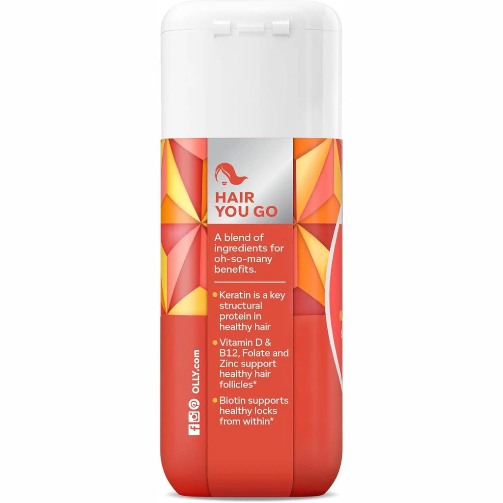 OLLY hair softgel bottle back featuring keratin and biotin benefits for healthy locks