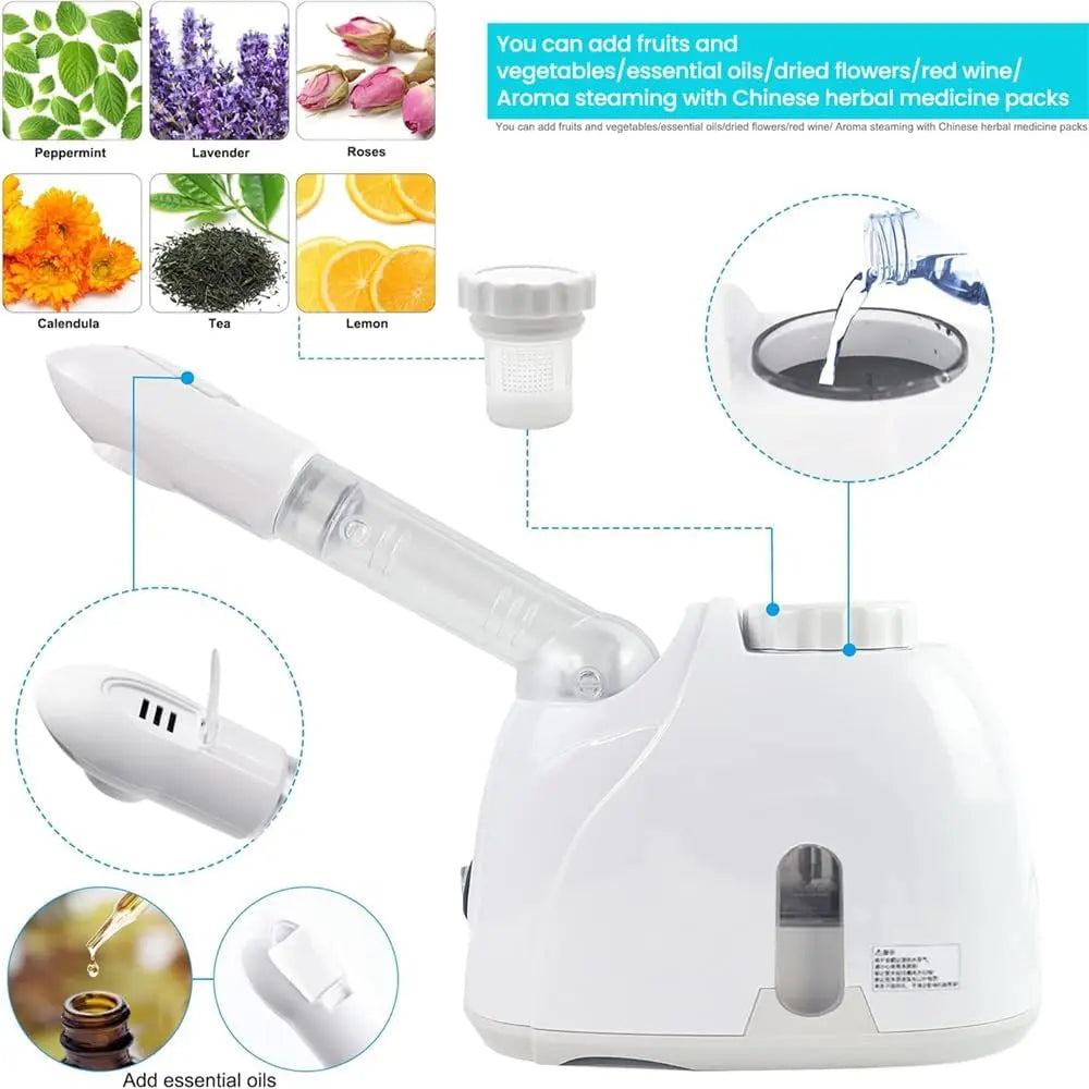 White aromatherapy facial steamer with essential oils like lavender, peppermint, and rose infusion
