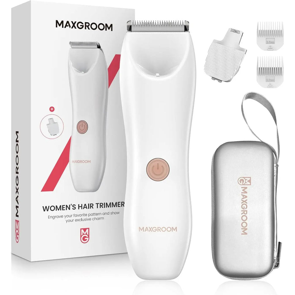 MAXGROOM women's white waterproof electric bikini trimmer with ceramic blades and accessories