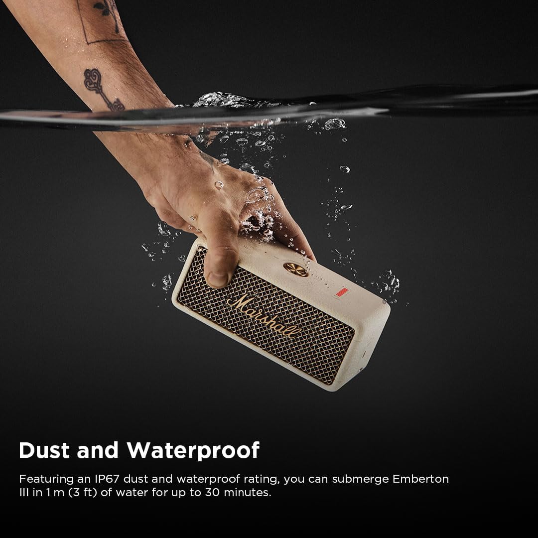Marshall Emberton III Compact Portable Bluetooth Speaker with 32+ Hours of Playtime, (360° Sound), Dust & Waterproof (IP67) – Cream.