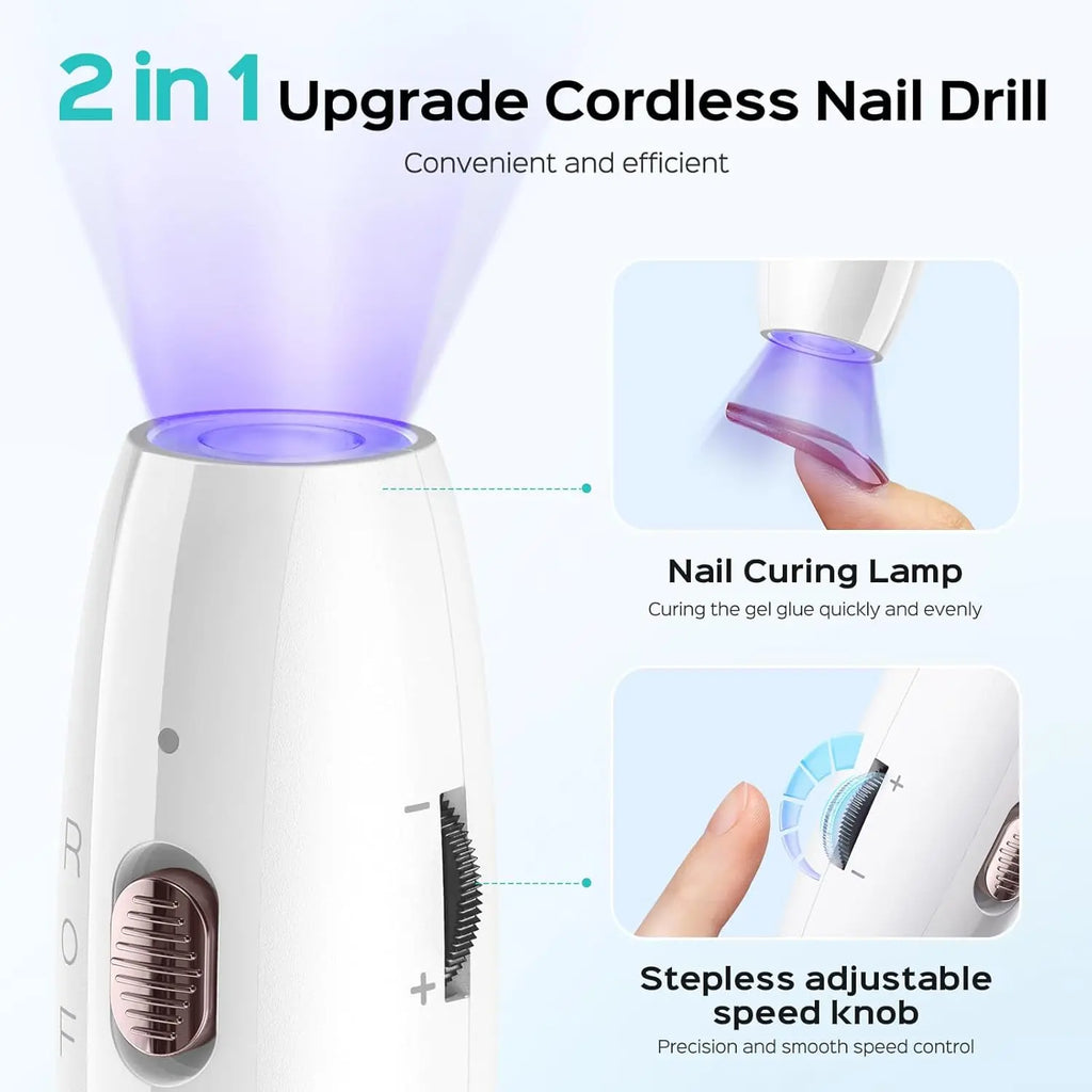 Cordless Nail Drill Electric File: COSLUS with Nail Lamp 2 in 1 Portable Nail Drill Machine Kit, Professional for Acrylic Gel Dip Powder Nails, Rechargeable Manicure Pedicure Tools Polish Set White