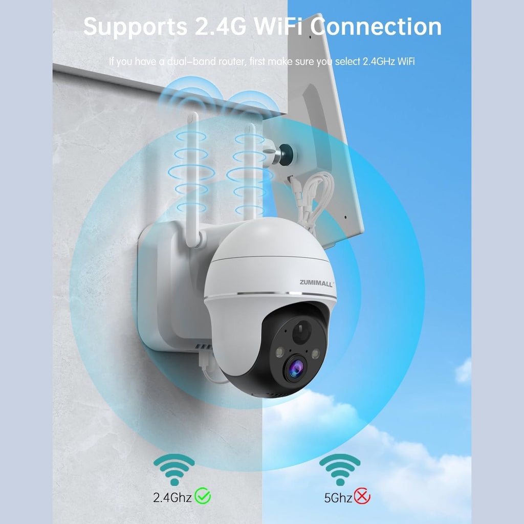 ZUMIMALL Wireless Outdoor WiFi Surveillance Camera - Solar Panel, 360° PTZ Outdoor Camera 2.4GHz, Surveillance Camera with Night Vision Colour, Two-Way Audio, PIR Siren (3MP)