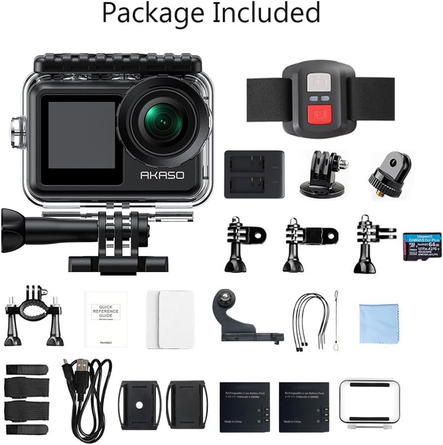 AKASO Brave 7 LE Action Cam 4k30FPS 20MP with 64GB U3 Memory Card Underwater Camera IPX7 Waterproof Ice 2.0 Camera Touchscreen Double Screen Sports Camera 40M WiFi
