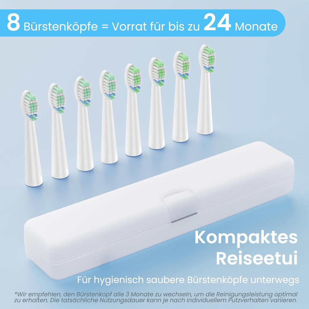 YUNCHI C2 Electric Toothbrush with 40000 VPM, Sonic Toothbrush for Adults and Children, USB-C Charge, 30 Days Battery Life, 5 Cleaning Modes, 2 Minute Timer, 8 Brush Heads, Travel Case, Light Blue and