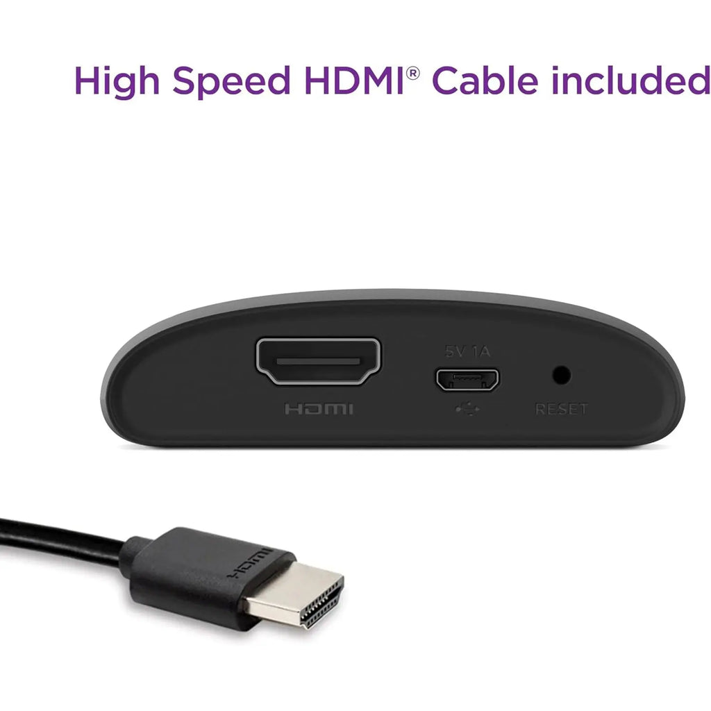 Back view of black Roku Express showing HDMI port reset button and included cable