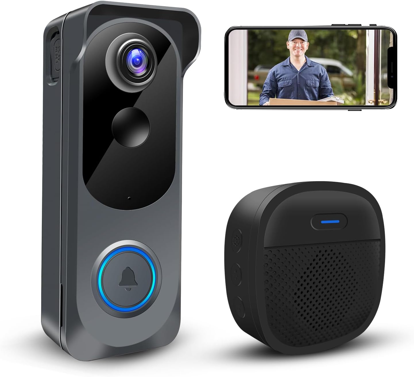 Wireless Video Doorbell Camera with Chime, Voice Changer/Message, PIR Motion Detection, Instant Alerts, 2-Way Audio, 1080P HD, Night Vision, 2.4G WiFi, IP66, Battery Powered, Works with Alexa