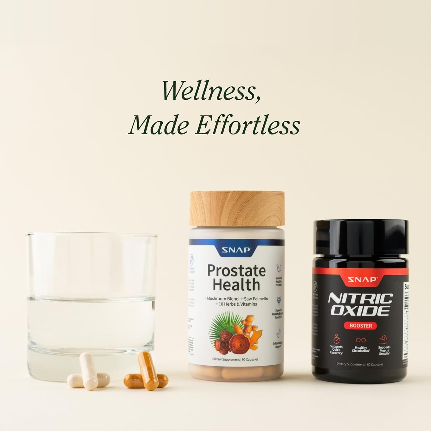 Snap Nitric Oxide Booster and Prostate Health supplements with water and capsules for daily use