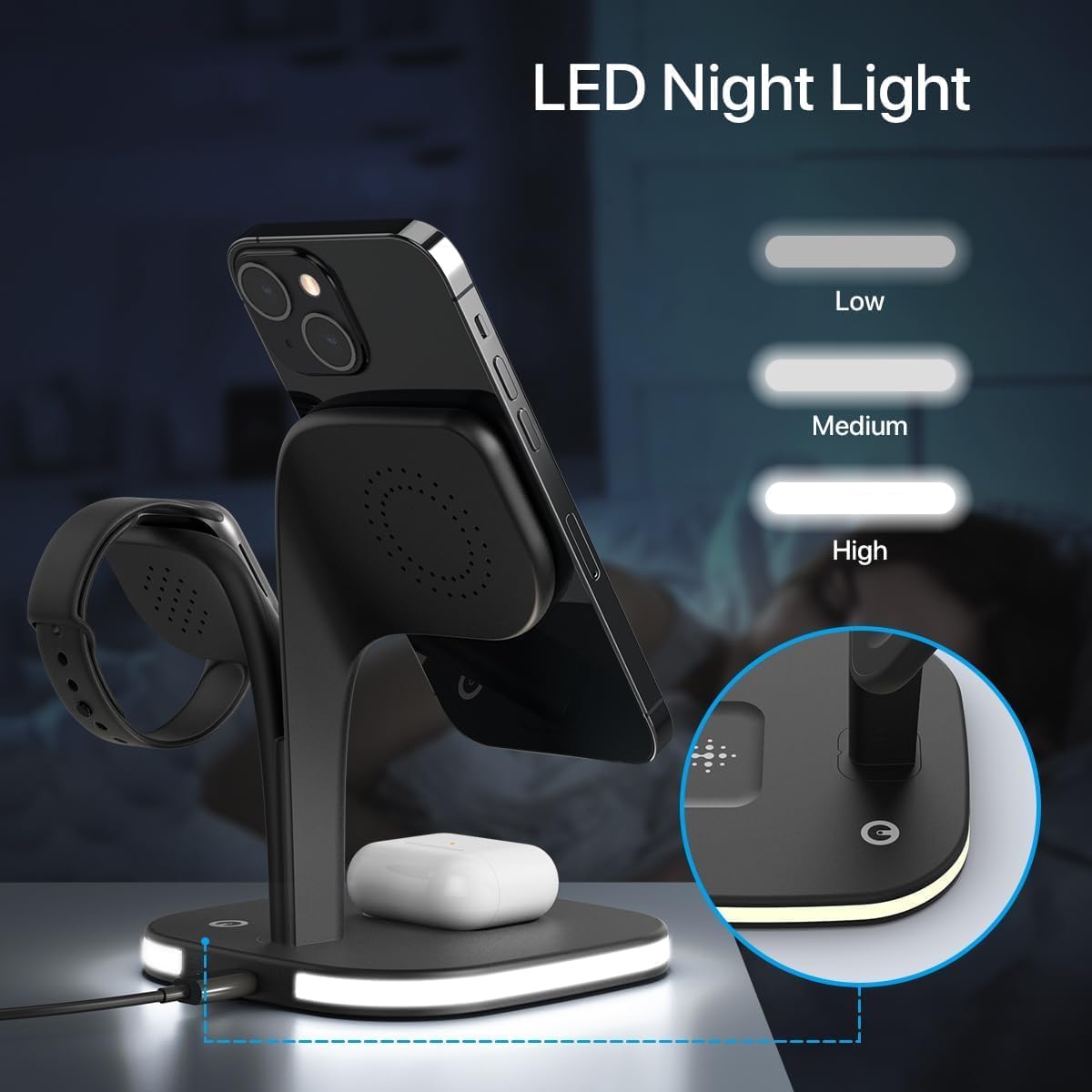 AMROAH 2025 3 in 1 Wireless Charging Station with Fast Charger, Foldable Wireless Charger for Multiple Devices iPhone 16/15/14/13/12 Pro Max Plus Watch 1-9 AirPods Pro Samsung Galaxy (Black)