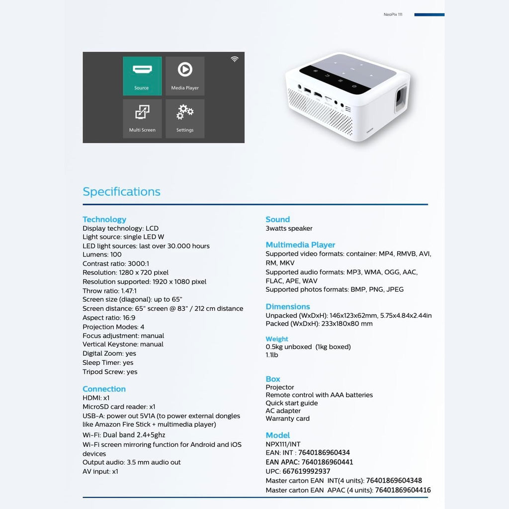 Philips NeoPix 111, True HD 720p Mini Projector with Built-in Dual Band Wi-Fi Screen Duplication