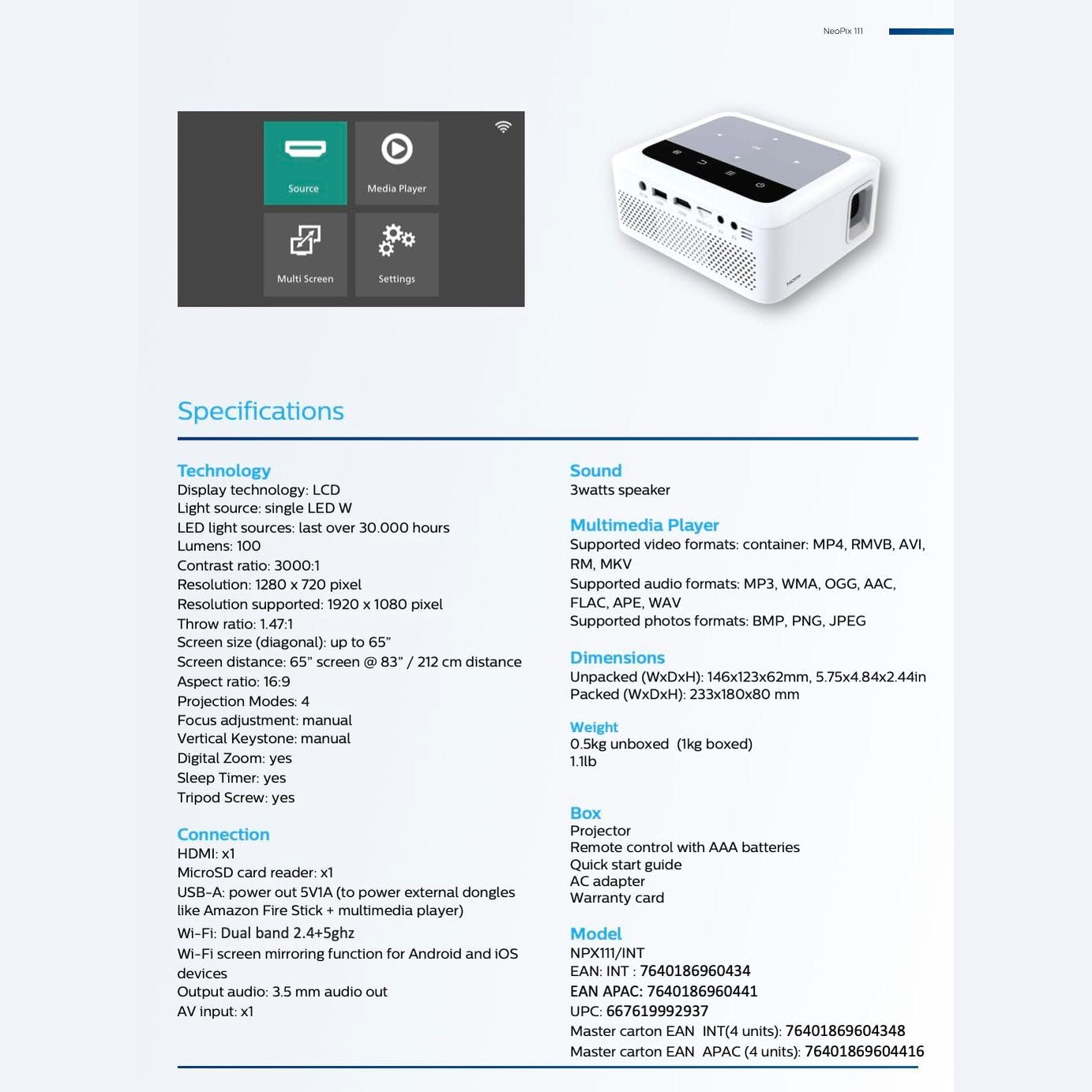 Philips NeoPix 111, True HD 720p Mini Projector with Built-in Dual Band Wi-Fi Screen Duplication